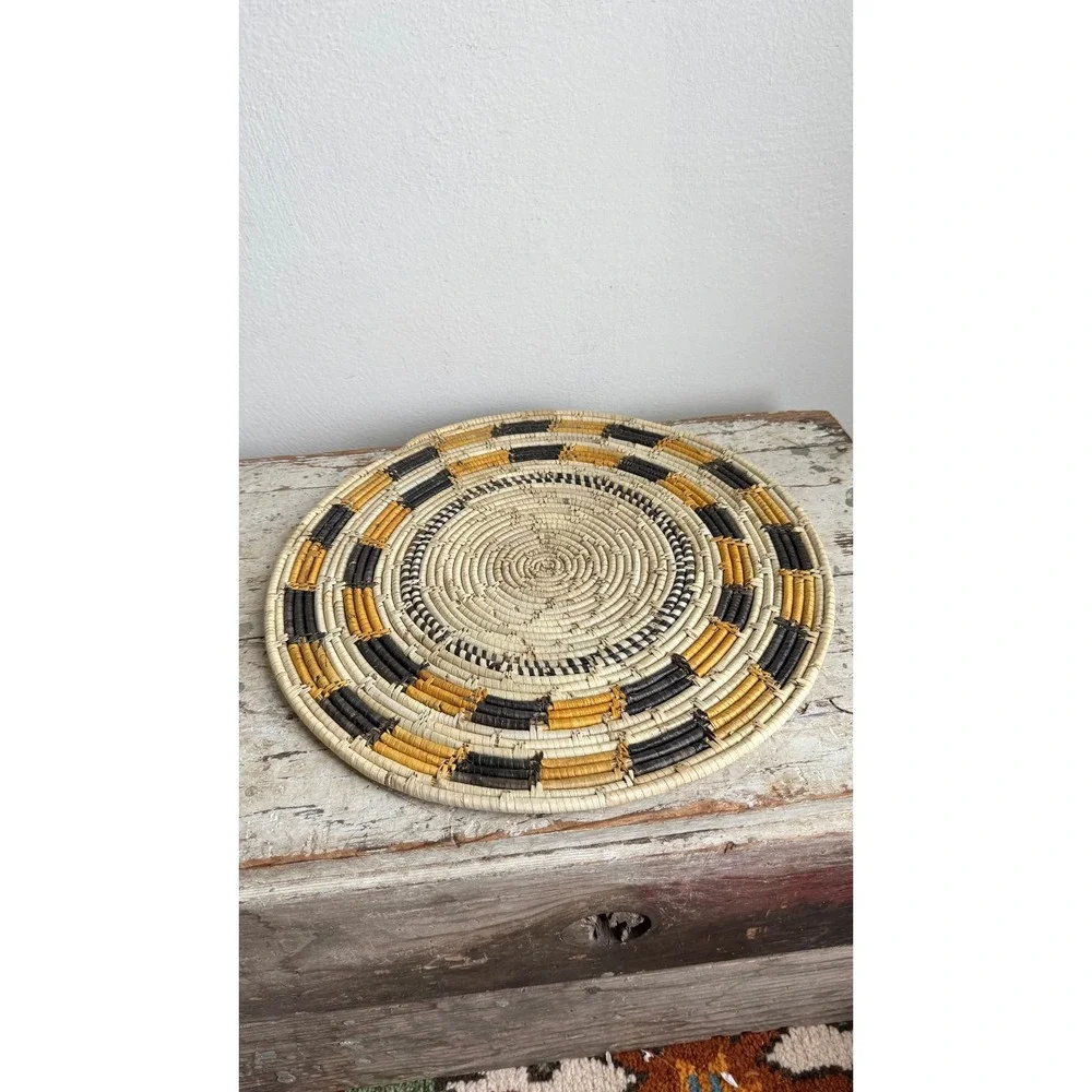 Handwoven Geometric Wicker Trivet Hot Pad Tray Black Yellow 13.5 Inch